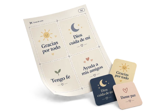 Mockup real de una hoja A4 con tarjetas de oración infantiles listas para imprimir