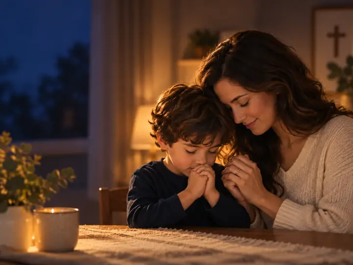 Madre orando con su hijo por la noche en un momento de fe en familia